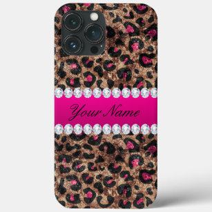Faux Leopard Hot Pink Rose Gold Foil and Diamonds iPhone 13 Pro Max Case