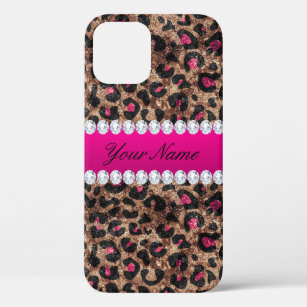 Faux Leopard Hot Pink Rose Gold Foil and Diamonds iPhone 12 Pro Case