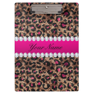 Faux Leopard Hot Pink Rose Gold Foil and Diamonds Clipboard