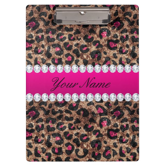 Faux Leopard Hot Pink Rose Gold Foil and Diamonds Clipboard (Front)