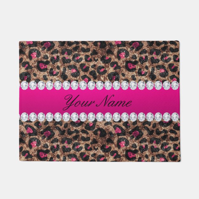 Faux Leopard Hot Pink Rose Gold Foil and Diamonds Doormat (Front)