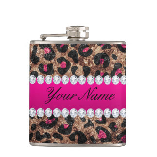 Faux Leopard Hot Pink Rose Gold Foil and Diamonds Hip Flask