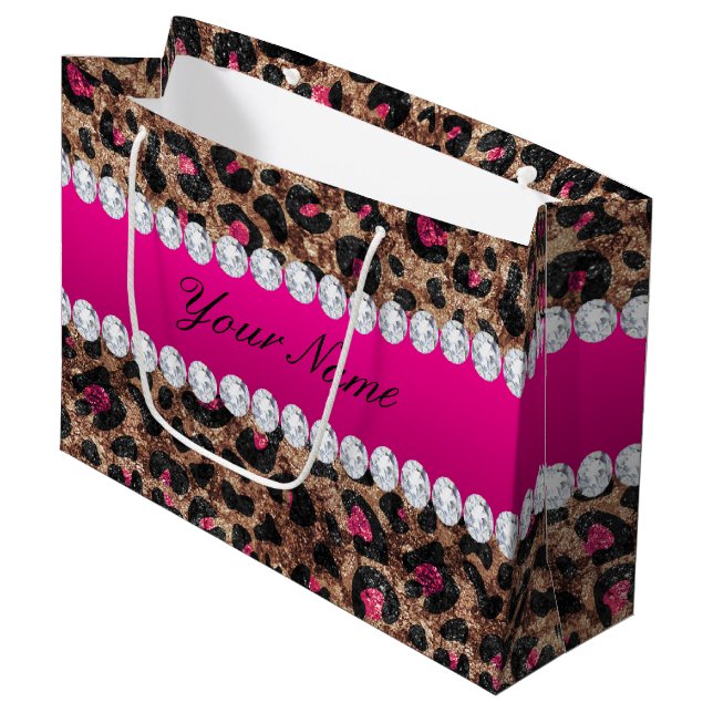 Faux Leopard Hot Pink Rose Gold Foil and Diamonds Large Gift Bag (Front Angled)