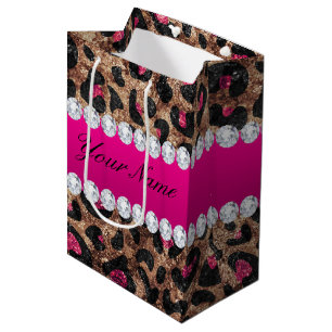 Faux Leopard Hot Pink Rose Gold Foil and Diamonds Medium Gift Bag