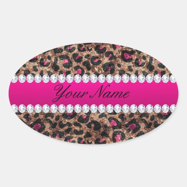 Faux Leopard Hot Pink Rose Gold Foil and Diamonds Oval Sticker (Front)