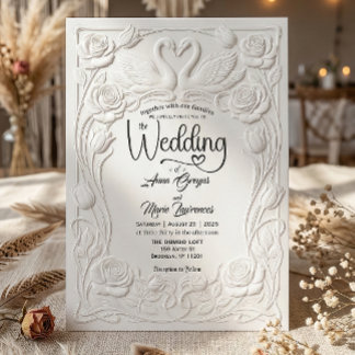 Faux Letterpress Embossed Floral Swan Wedding   Invitation