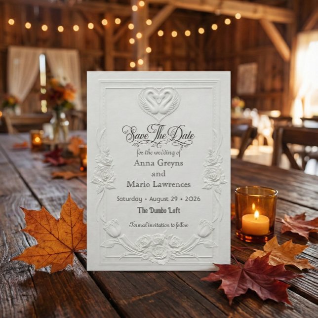 Faux Letterpress White Baroque Swan Elegant Save The Date (Creator Uploaded)