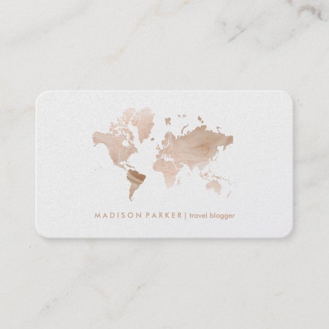 Faux Light Gold World Map on White Business Card (Front)