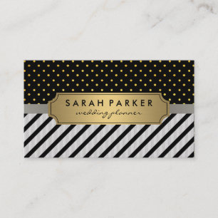Faux Linen Black Stripes Polka Dots Business Card