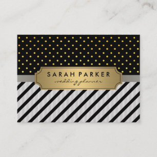 Faux Linen Black Stripes Polka Dots Business Card