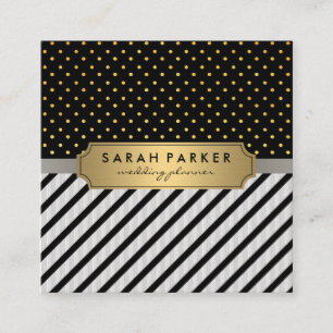 Faux Linen Black Stripes Polka Dots Square Business Card