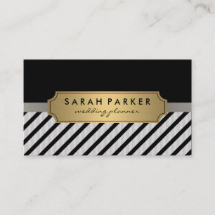 Faux Linen Metallic Gold Label Black Stripes Business Card