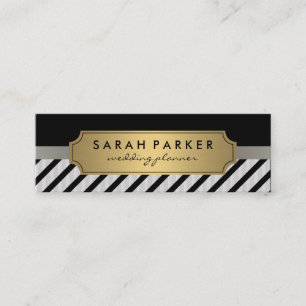 Faux Linen Metallic Gold Label Black Stripes Mini Business Card