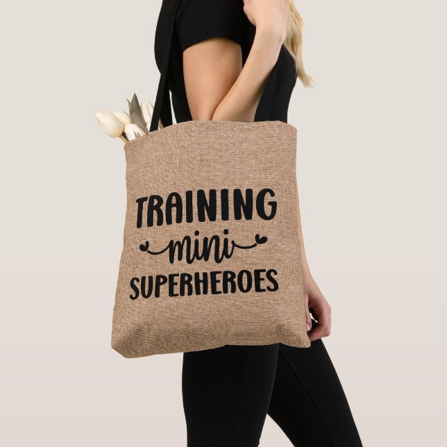 Faux Linen Training Mini Superheros Tote Bag (Close Up)