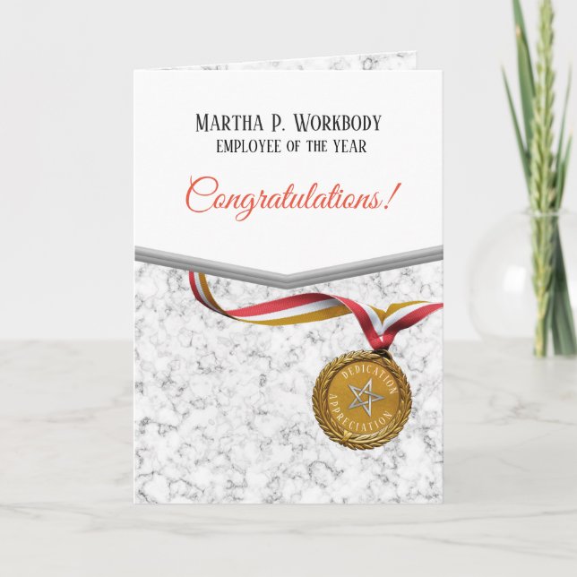 Faux marble gold medal employee of the year card (Front)