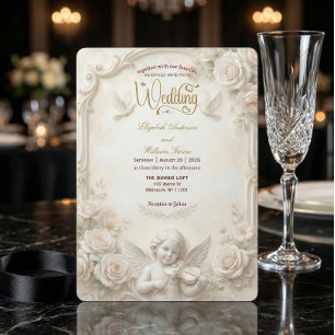 Faux Marble & Gold Relief Angelic Wedding   Invitation