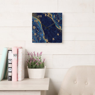 Faux Marble Navy Gold Shades  Square Wall Clock