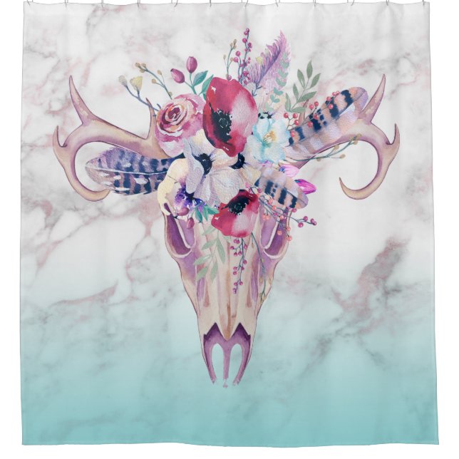 Faux Marble Ombre & Colourful Boho Skull Shower Curtain (Front)