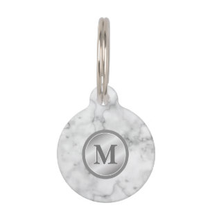 Faux Marble Texture With Monogram And Pet's Info Pet Tag