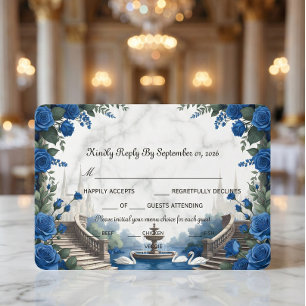Faux Marble & Watercolor Blue Rose Garden RSVP Card