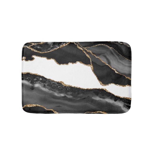 Faux Marbled Agate Black Stylish Stone Luxury Bath Mat (Front)
