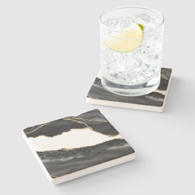 Faux Marbled Agate Black Stylish Stone Luxury Coaster (Side)