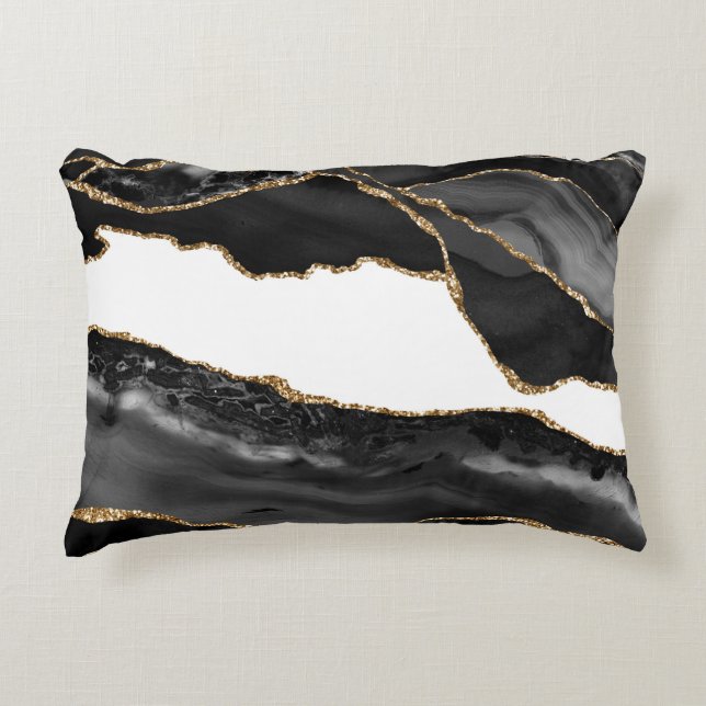 Faux Marbled Agate Black Stylish Stone Luxury Decorative Cushion (Front)