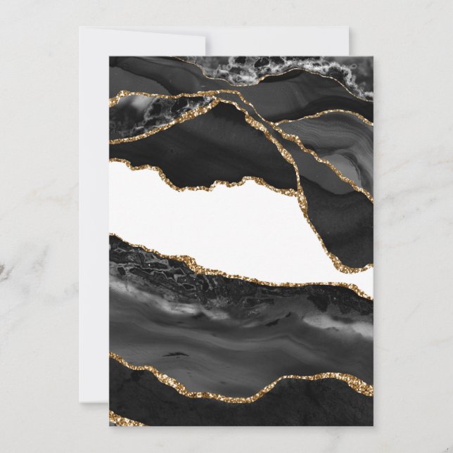 Faux Marbled Agate Black Stylish Stone Luxury Gold Invitation (Front)