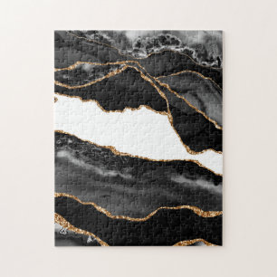 Faux Marbled Agate Black Stylish Stone Luxury Gold Jigsaw Puzzle