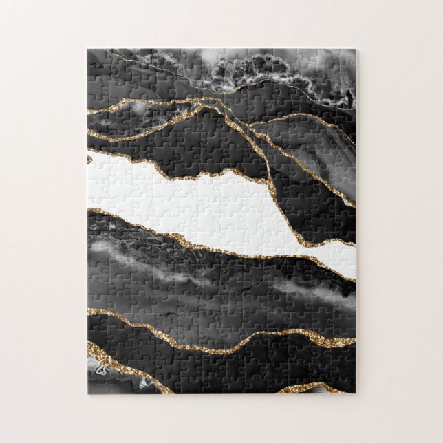 Faux Marbled Agate Black Stylish Stone Luxury Gold Jigsaw Puzzle (Vertical)