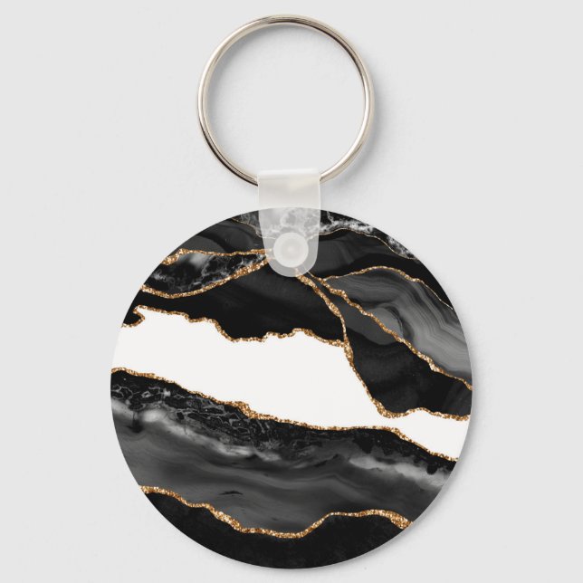 Faux Marbled Agate Black Stylish Stone Luxury Gold Key Ring (Front)