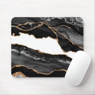 Faux Marbled Agate Black Stylish Stone Luxury Gold Mouse Pad