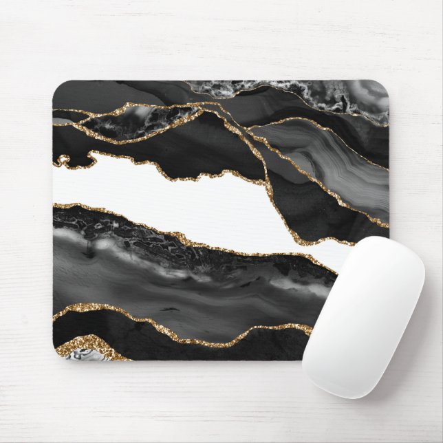 Faux Marbled Agate Black Stylish Stone Luxury Gold Mouse Pad (With Mouse)