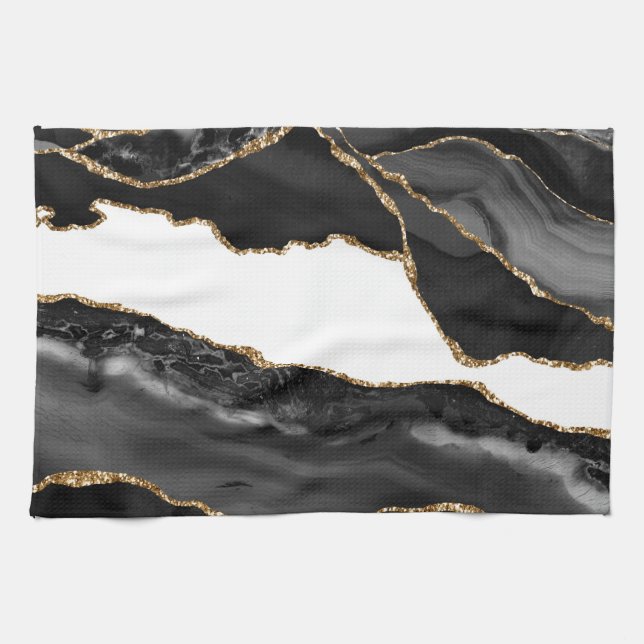Faux Marbled Agate Black Stylish Stone Luxury Gold Tea Towel (Horizontal)