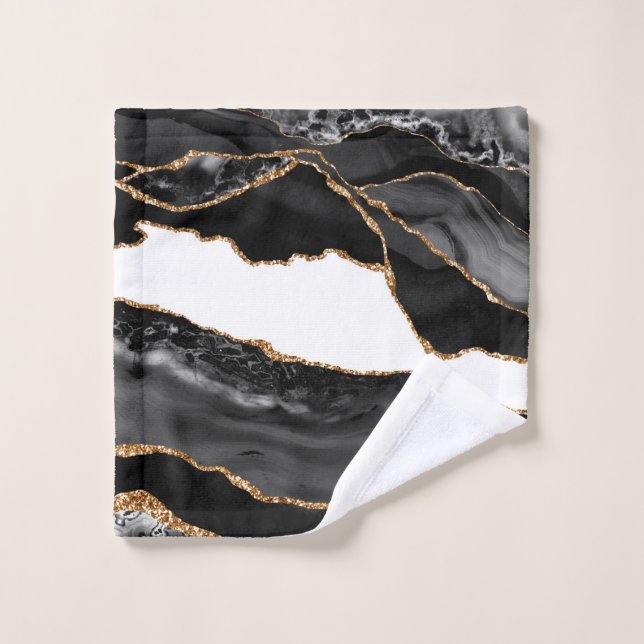 Faux Marbled Agate Black Stylish Stone Luxury Gold Wash Cloth (Wash Cloth)