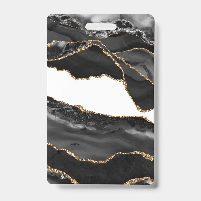Faux Marbled Agate Black Stylish Stone Luxury ID Badge (Front)