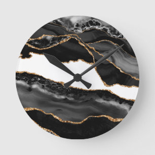 Faux Marbled Agate Black Stylish Stone Luxury Round Clock