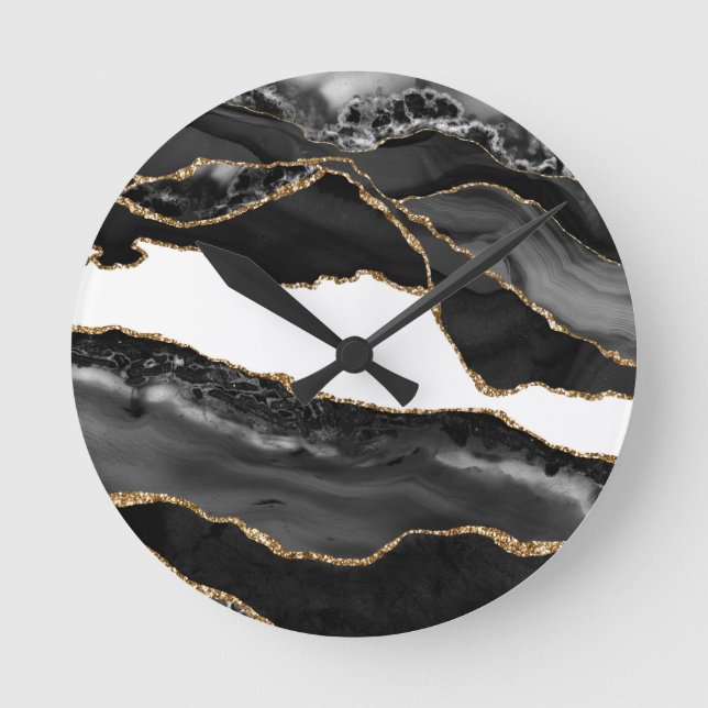 Faux Marbled Agate Black Stylish Stone Luxury Round Clock (Front)