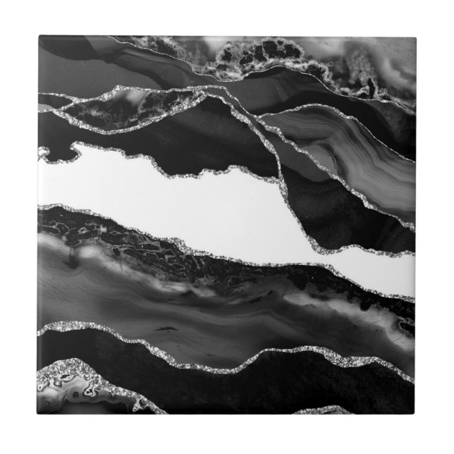 Faux Marbled Agate Black White Trendy Modern Stone Ceramic Tile (Front)