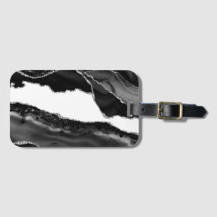 Faux Marbled Agate Black White Trendy Modern Stone Luggage Tag