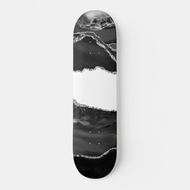 Faux Marbled Agate Black White Trendy Modern Stone Skateboard (Front)