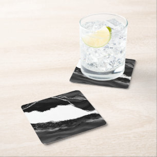 Faux Marbled Agate Black White Trendy Modern Stone Square Paper Coaster