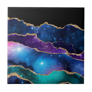 Faux Marbled Agate Stone Galaxy Sparkly Shining Ceramic Tile