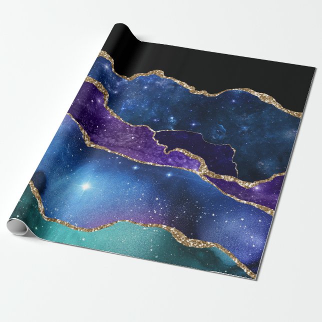 Faux Marbled Agate Stone Galaxy Sparkly Shining Wrapping Paper (Unrolled)