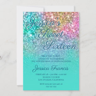 Faux Mermaid Glitter Turquoise Ombre Sweet Sixteen Invitation