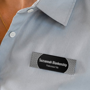 Faux Metal Diamond Plate Black Centre Name Tag