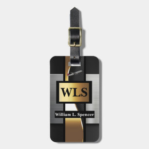 Faux Metal Gold Black Grey Monogram   Luggage Tag
