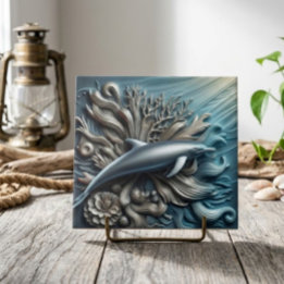 Faux Metal Ocean Reef & Dolphin Decorative Ceramic Tile