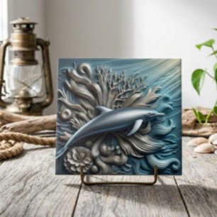 Faux Metal Ocean Reef & Dolphin Decorative  Ceramic Tile
