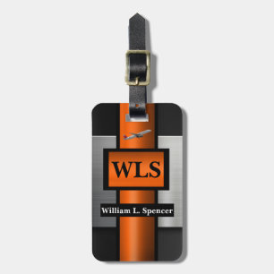 Faux Metal Orange Black Grey Monogram Luggage Tag